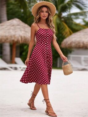 Red Polka Dot Button-Front Midi Dress with Spaghetti Straps